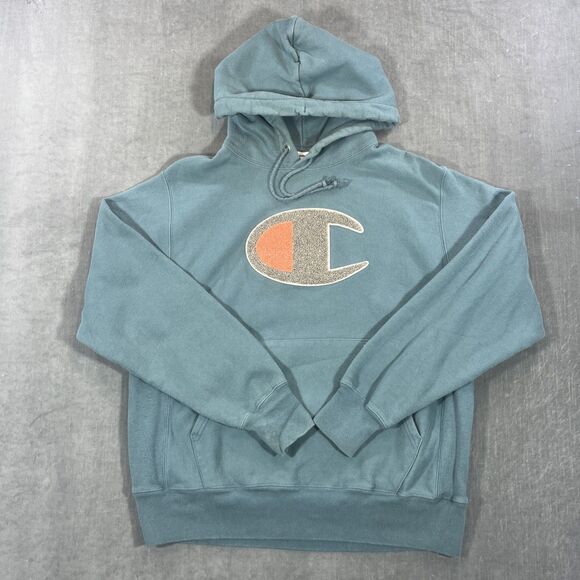 Champion Mens Medium Teal Big‎ Carpet Logo Hoodie - Picture 1 of 6